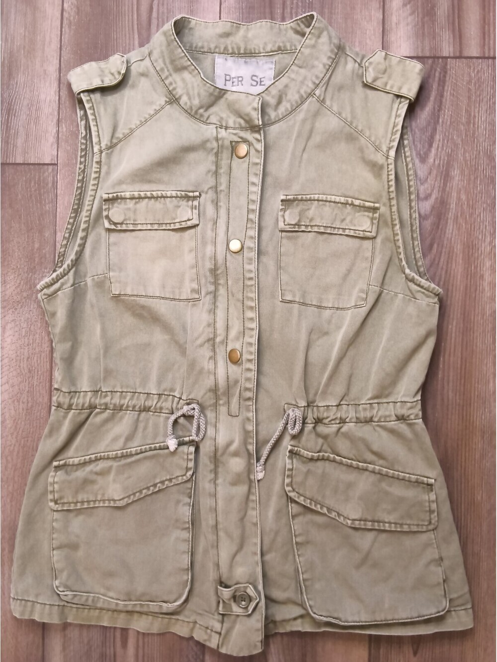Per Se Womens M Olive Green Military Vest Utility Cargo Cotton Jacket